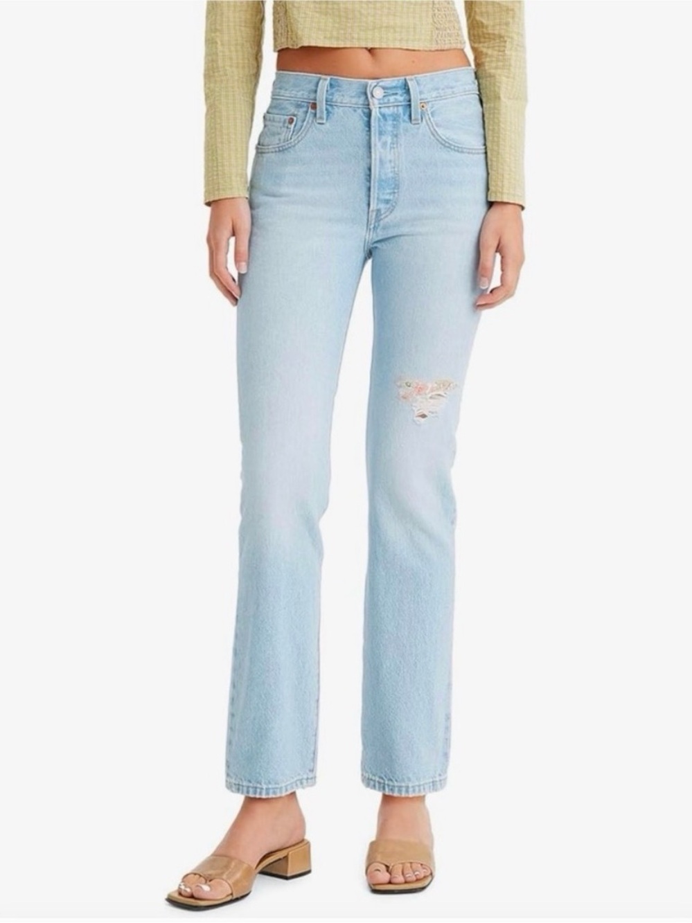 Levi’s 501 Anniversary Straight Leg Light Wash Floral Patchwork Denim Jeans 27